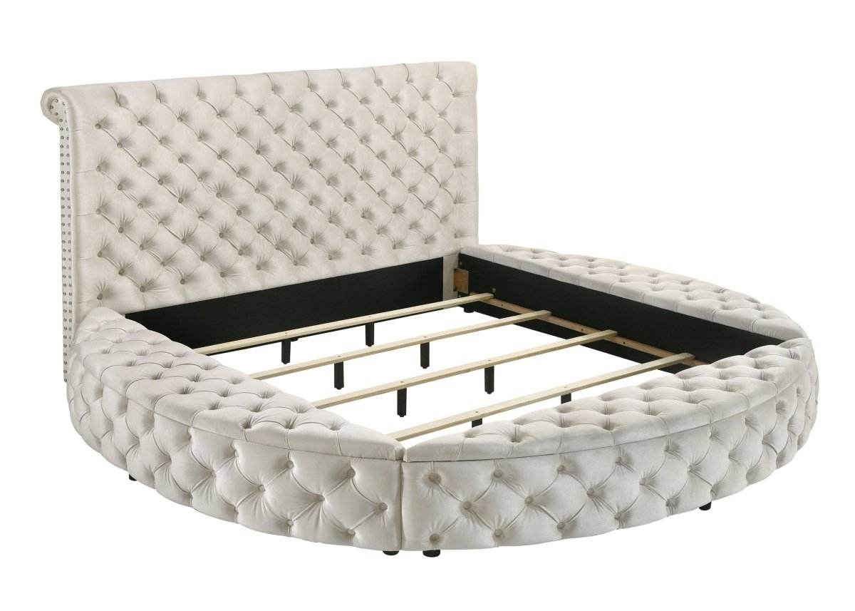 Ivory Velvet Round Button-Tufted Storage Bed Set - Sleep Galleria