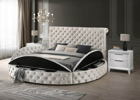 Ivory Velvet Round Button-Tufted Storage Bed Set - Sleep Galleria
