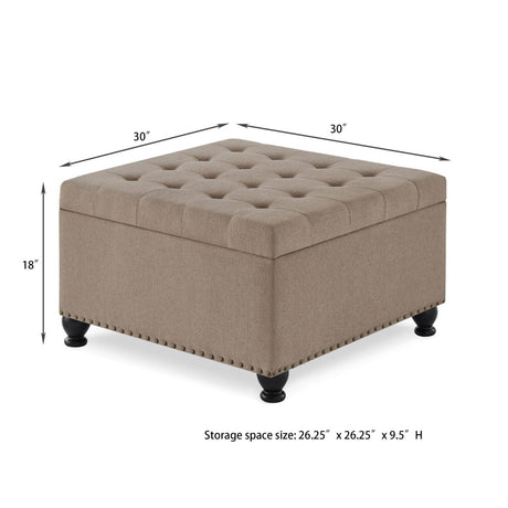 Linen Upholstered Square Storage Ottoman With Tufted Top - Serenova - Sleep Galleria