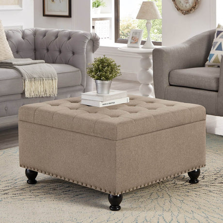 Linen Upholstered Square Storage Ottoman With Tufted Top - Serenova - Sleep Galleria