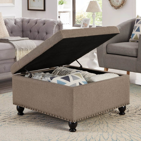 Linen Upholstered Square Storage Ottoman With Tufted Top - Serenova - Sleep Galleria