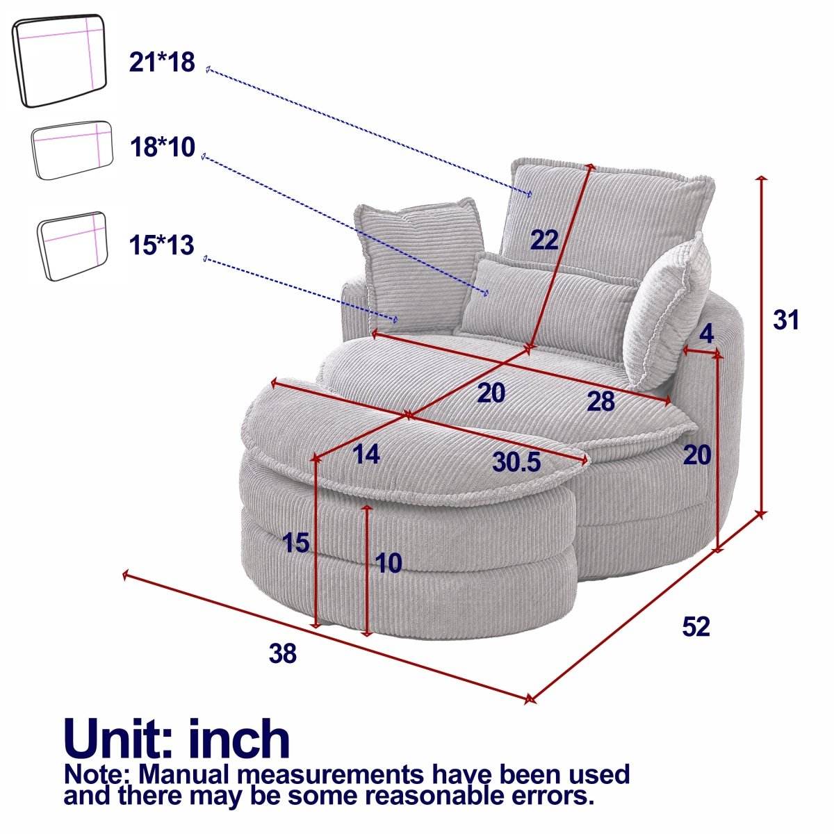 Oversized Modern Corduroy Swivel Chair With Ottoman - Sleep Galleria