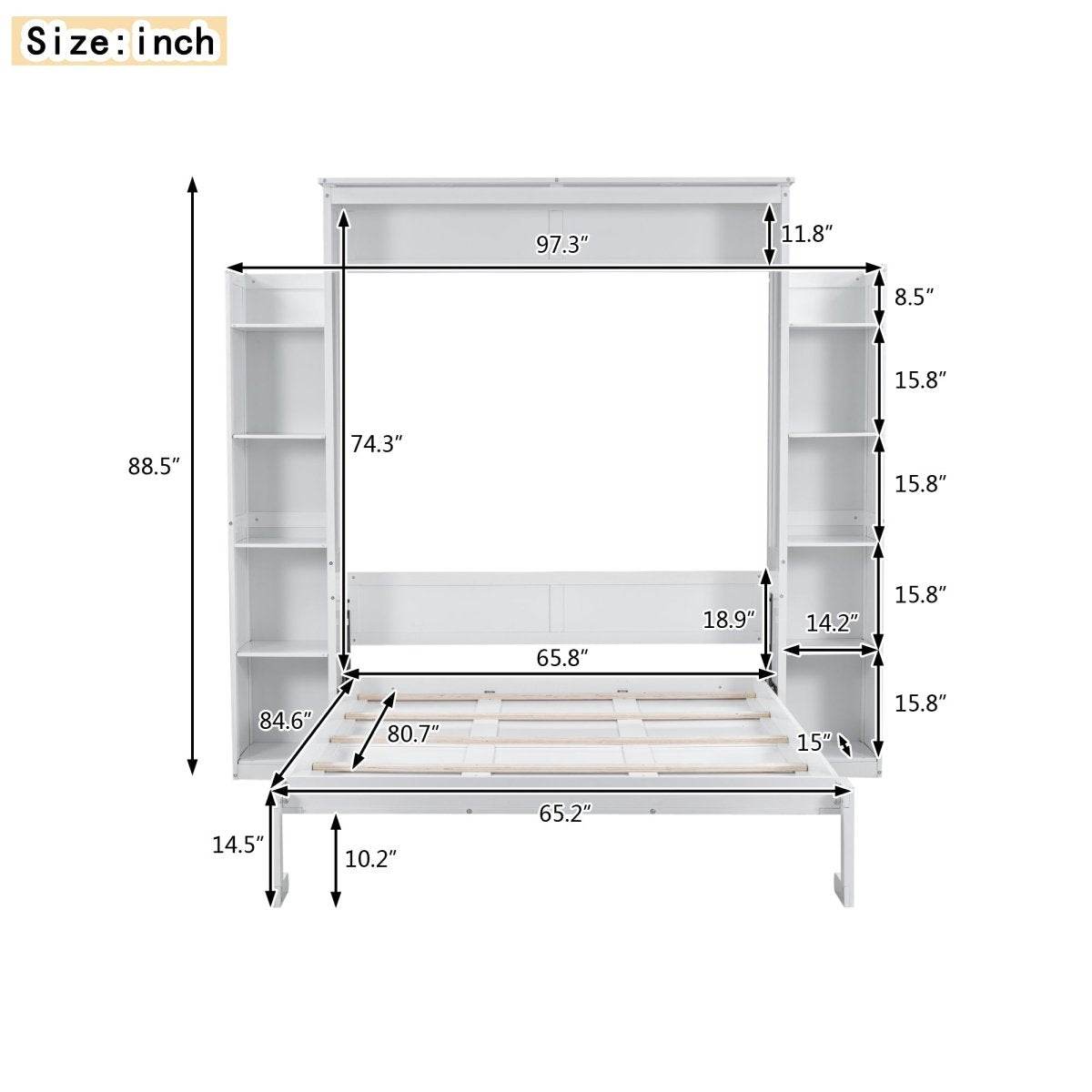 Queen Murphy Wall Bed With Shelves And LED Lights - Sleep Galleria