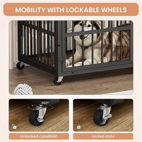 Rustic Brown Furniture Style Dog Crate With Wheels - Sleep Galleria