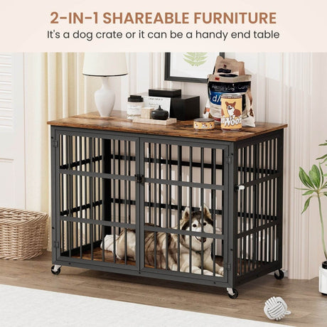 Rustic Brown Furniture Style Dog Crate With Wheels - Sleep Galleria