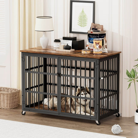 Rustic Brown Furniture Style Dog Crate With Wheels - Sleep Galleria