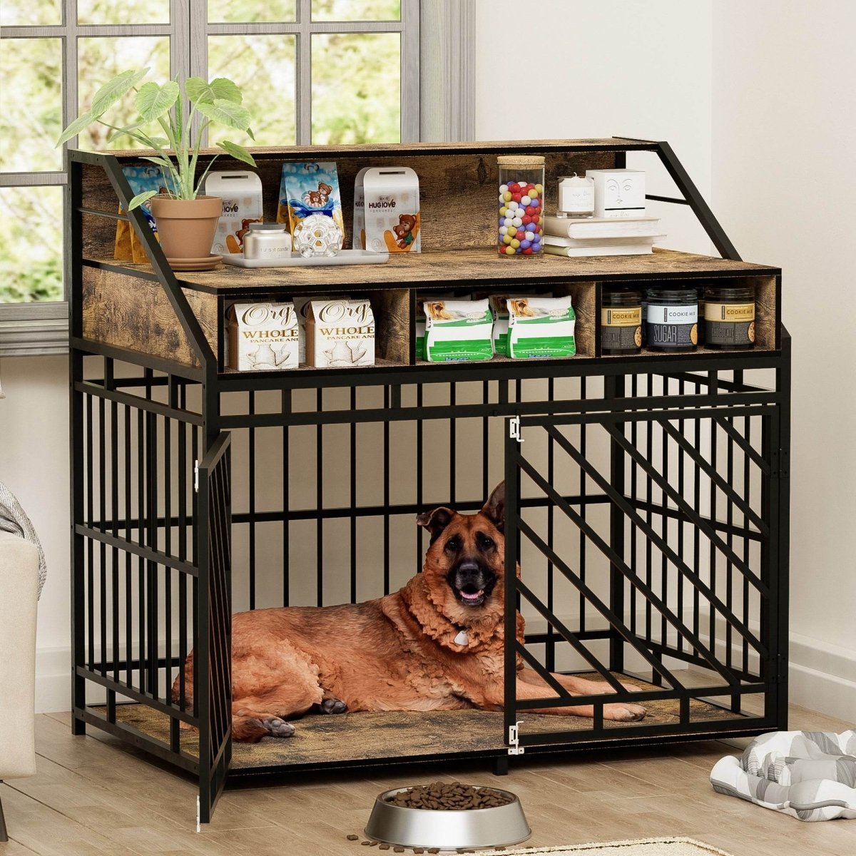 Rustic Brown MDF Iron Large Dog Crate Furniture - Sleep Galleria