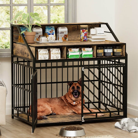 Rustic Brown MDF Iron Large Dog Crate Furniture - Sleep Galleria