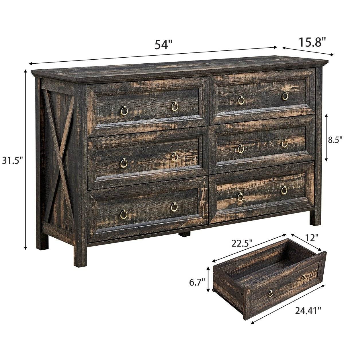 Rustic Farmhouse Dark Oak 6-Drawer Dresser - Sleep Galleria