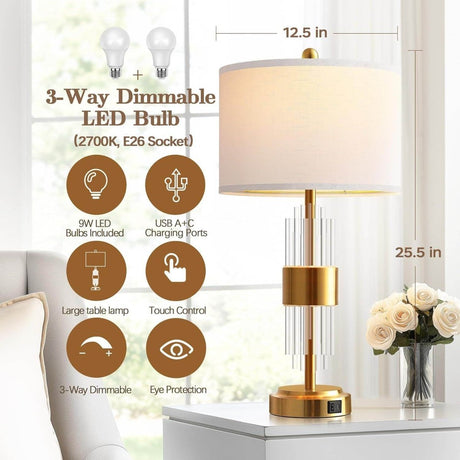 Set Of 2 Brushed Gold Metal Touch Control Lamps - Serenova - Sleep Galleria