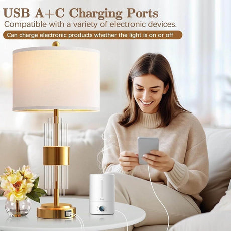 Set Of 2 Brushed Gold Metal Touch Control Lamps - Serenova - Sleep Galleria