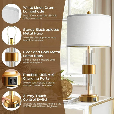 Set Of 2 Brushed Gold Metal Touch Control Lamps - Serenova - Sleep Galleria