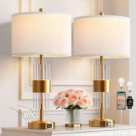 Set Of 2 Brushed Gold Metal Touch Control Lamps - Serenova - Sleep Galleria