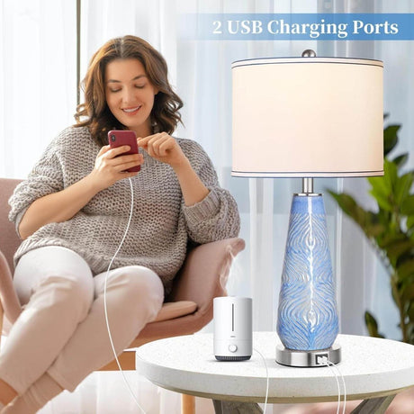 Set Of 2 Modern Blue Ceramic Touch Control Table Lamps - Serenova - Sleep Galleria
