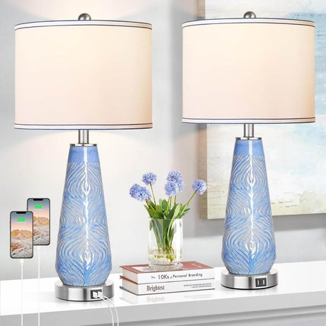 Set Of 2 Modern Blue Ceramic Touch Control Table Lamps - Serenova - Sleep Galleria