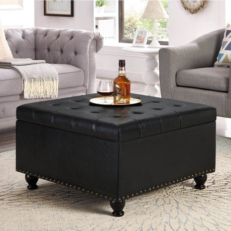 Square Storage Ottoman With Tufted Faux Leather Seat - Serenova - Sleep Galleria