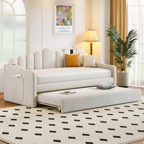 Twin Velvet Upholstered Daybed With Trundle And USB Ports - Serenova - Sleep Galleria
