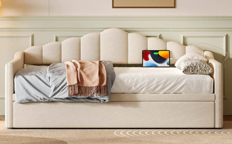 Upholstered Twin Velvet Daybed With Adjustable Trundle And USB Charging - Serenova - Sleep Galleria