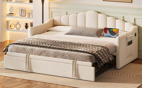 Upholstered Twin Velvet Daybed With Adjustable Trundle And USB Charging - Serenova - Sleep Galleria