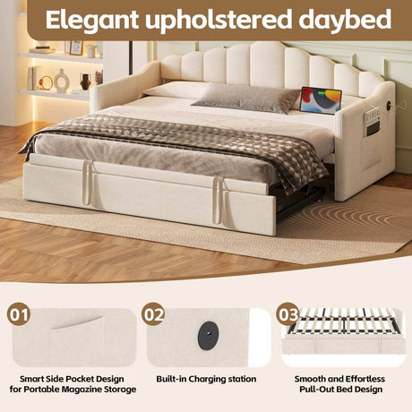 Upholstered Twin Velvet Daybed With Adjustable Trundle And USB Charging - Serenova - Sleep Galleria