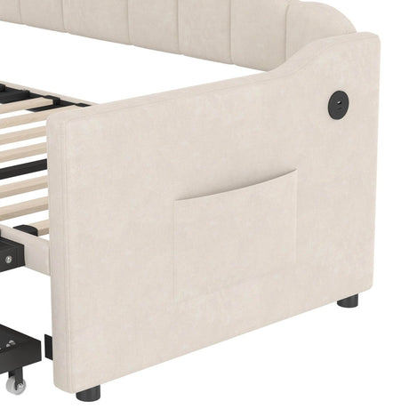 Upholstered Twin Velvet Daybed With Adjustable Trundle And USB Charging - Serenova - Sleep Galleria