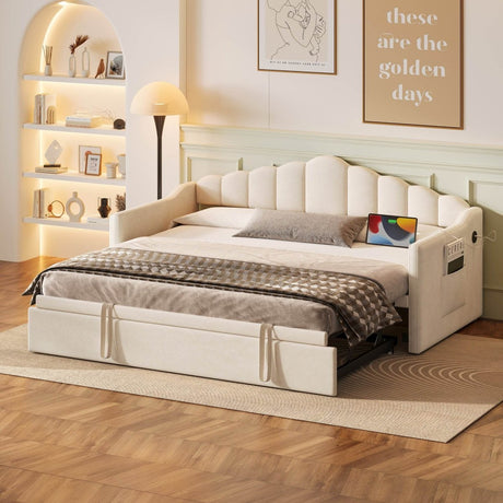 Upholstered Twin Velvet Daybed With Adjustable Trundle And USB Charging - Serenova - Sleep Galleria