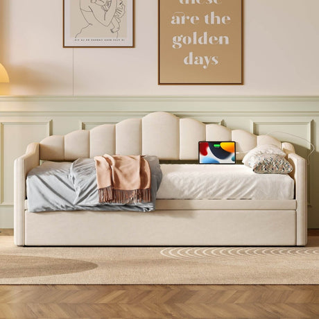Upholstered Twin Velvet Daybed With Adjustable Trundle And USB Charging - Serenova - Sleep Galleria