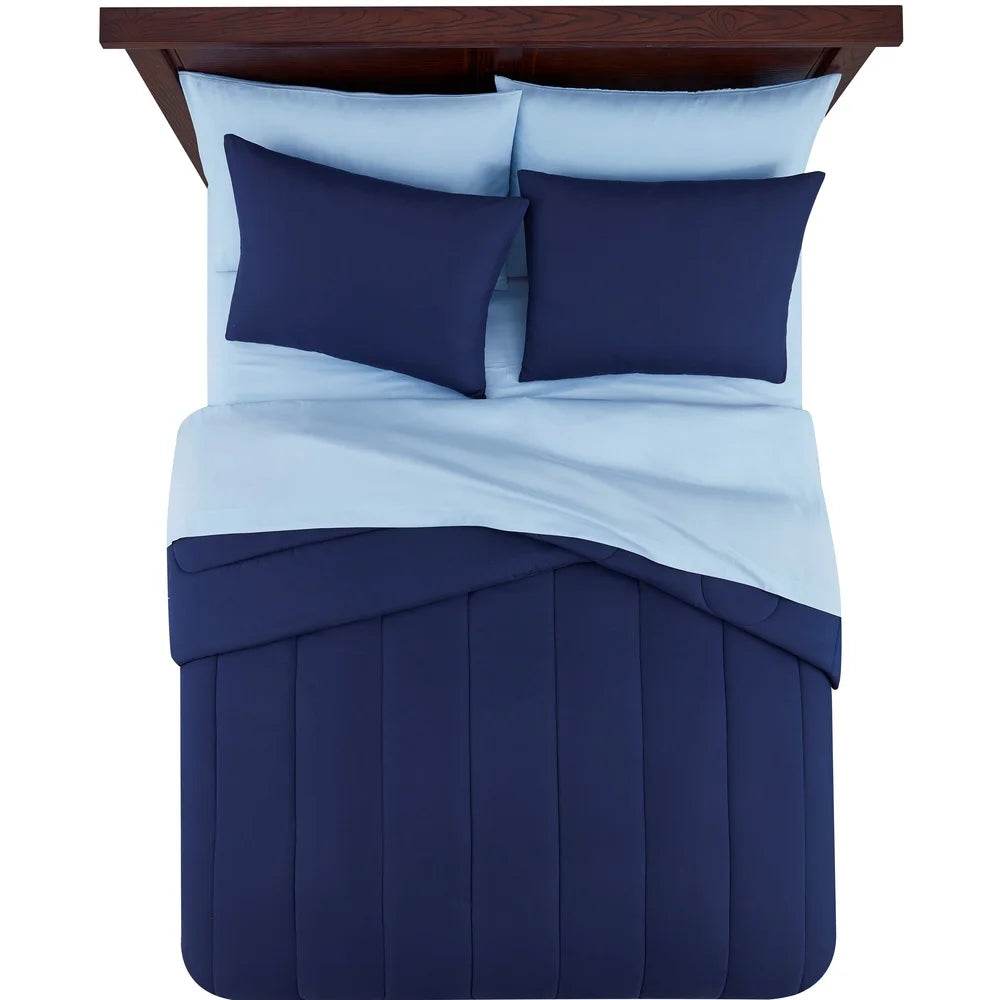 7 Piece Reversible Bed in a Bag Comforter Set with Sheets Pillowcases Shams Fitted Flat Queen Size Machine Washable Polyester - Sleep Galleria - Sleep Galleria