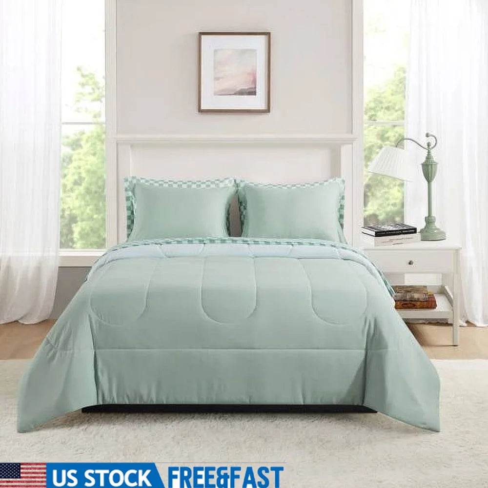 7 Piece Reversible Bed in a Bag Comforter Set with Sheets Soft Polyester Queen Bedding Set Machine Washable Storage Bag - Sleep Galleria - Sleep Galleria
