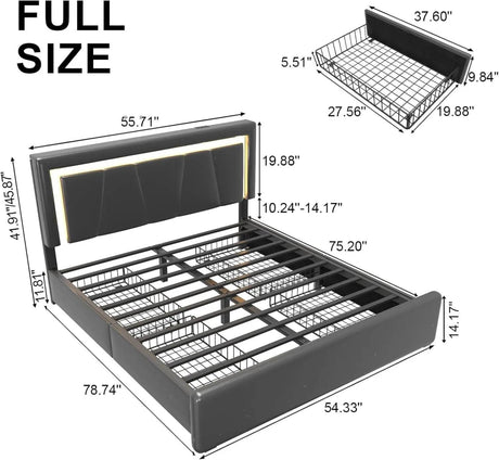Bed Frame with 4 Storage Drawers and LED Lights Upholstered Platform Bed with Adjustable Headboard and Charging Station Metal Sl - Sleep Galleria - Sleep Galleria