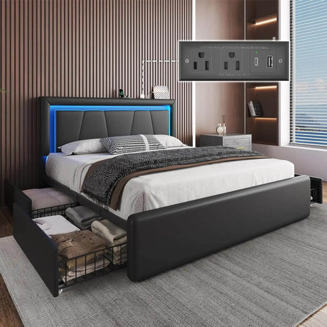 Bed Frame with 4 Storage Drawers and LED Lights Upholstered Platform Bed with Adjustable Headboard and Charging Station Metal Sl - Sleep Galleria - Sleep Galleria