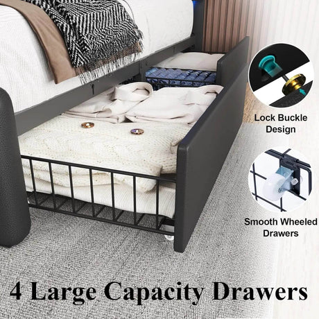 Bed Frame with 4 Storage Drawers and LED Lights Upholstered Platform Bed with Adjustable Headboard and Charging Station Metal Sl - Sleep Galleria - Sleep Galleria