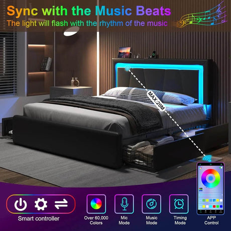 Bed Frame with 4 Storage Drawers and LED Lights Upholstered Platform Bed with Adjustable Headboard and Charging Station Metal Sl - Sleep Galleria - Sleep Galleria