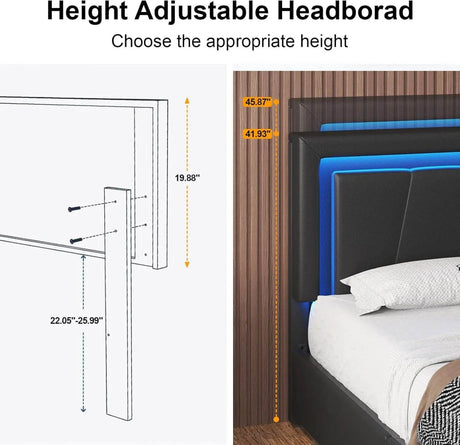 Bed Frame with 4 Storage Drawers and LED Lights Upholstered Platform Bed with Adjustable Headboard and Charging Station Metal Sl - Sleep Galleria - Sleep Galleria
