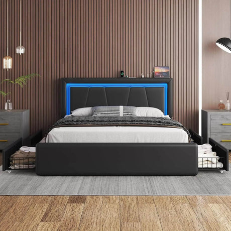 Bed Frame with 4 Storage Drawers and LED Lights Upholstered Platform Bed with Adjustable Headboard and Charging Station Metal Sl - Sleep Galleria - Sleep Galleria