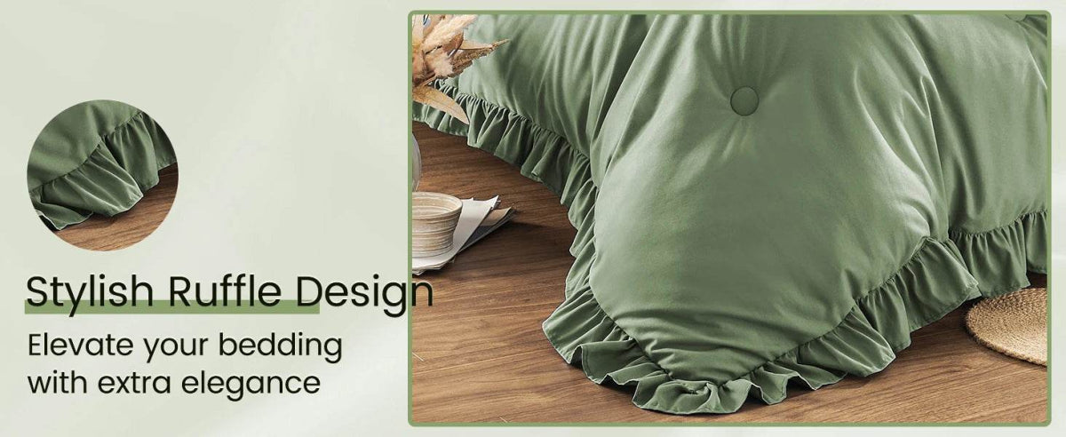 Bedding Set, 7 Pieces King Comforter Set in Green Ruffle, Shabby Chic Bed in A Bag with Premium Brushed Microfiber, Bedding - Sleep Galleria - Sleep Galleria