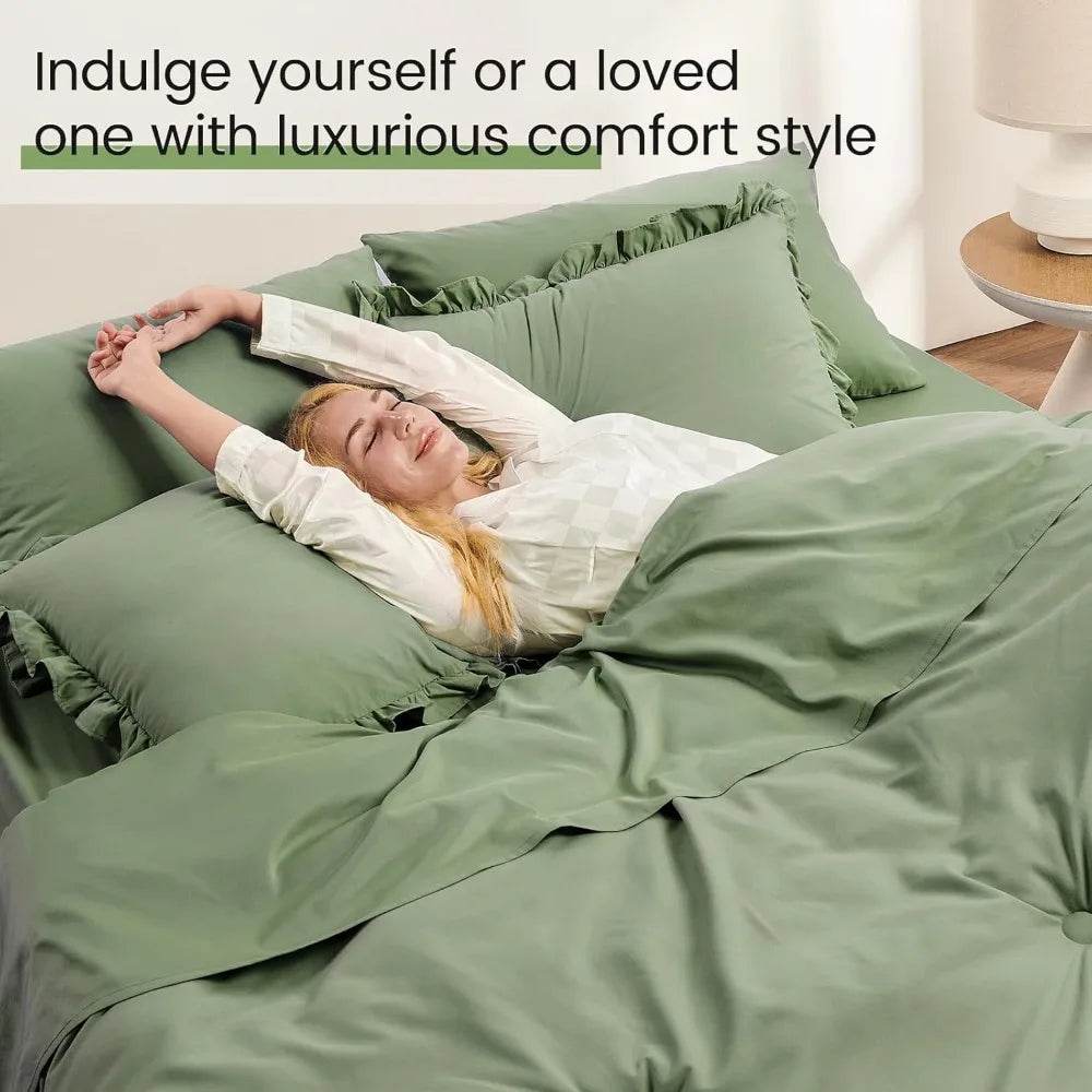 Bedding Set, 7 Pieces King Comforter Set in Green Ruffle, Shabby Chic Bed in A Bag with Premium Brushed Microfiber, Bedding - Sleep Galleria - Sleep Galleria