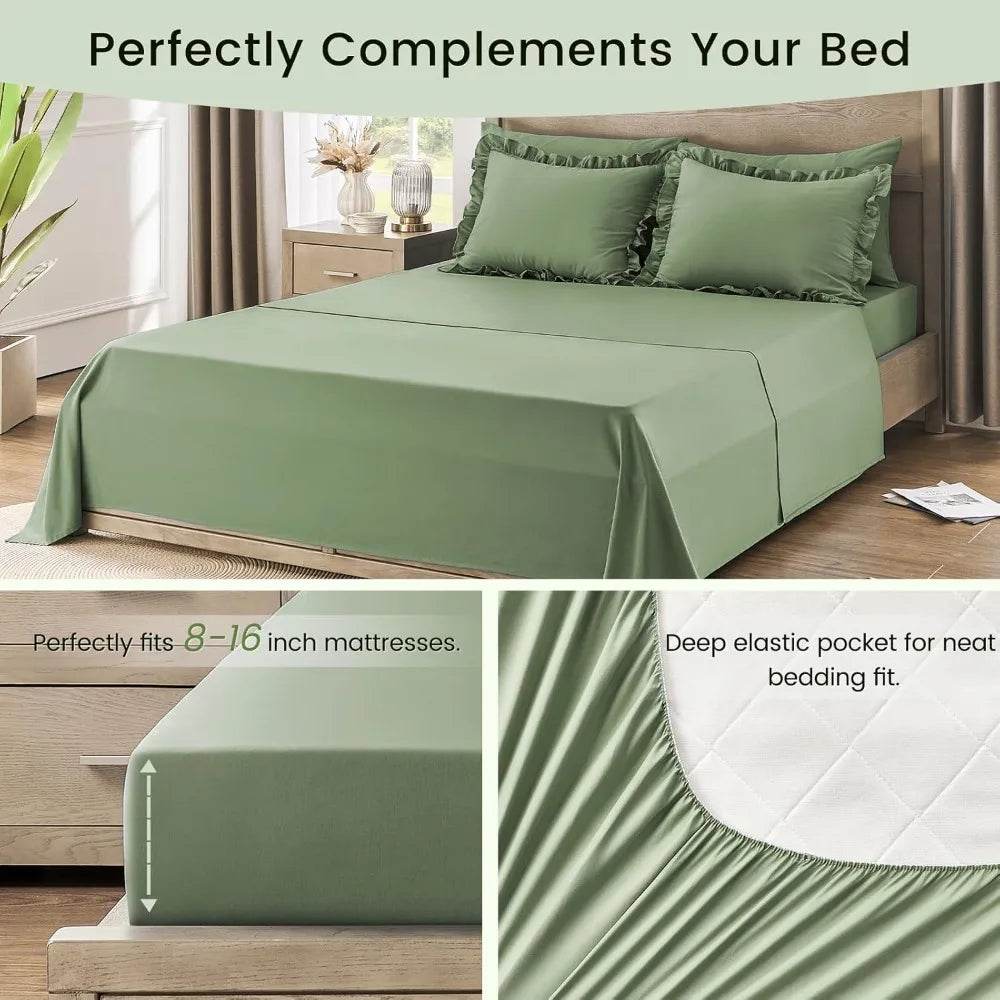 Bedding Set, 7 Pieces King Comforter Set in Green Ruffle, Shabby Chic Bed in A Bag with Premium Brushed Microfiber, Bedding - Sleep Galleria - Sleep Galleria