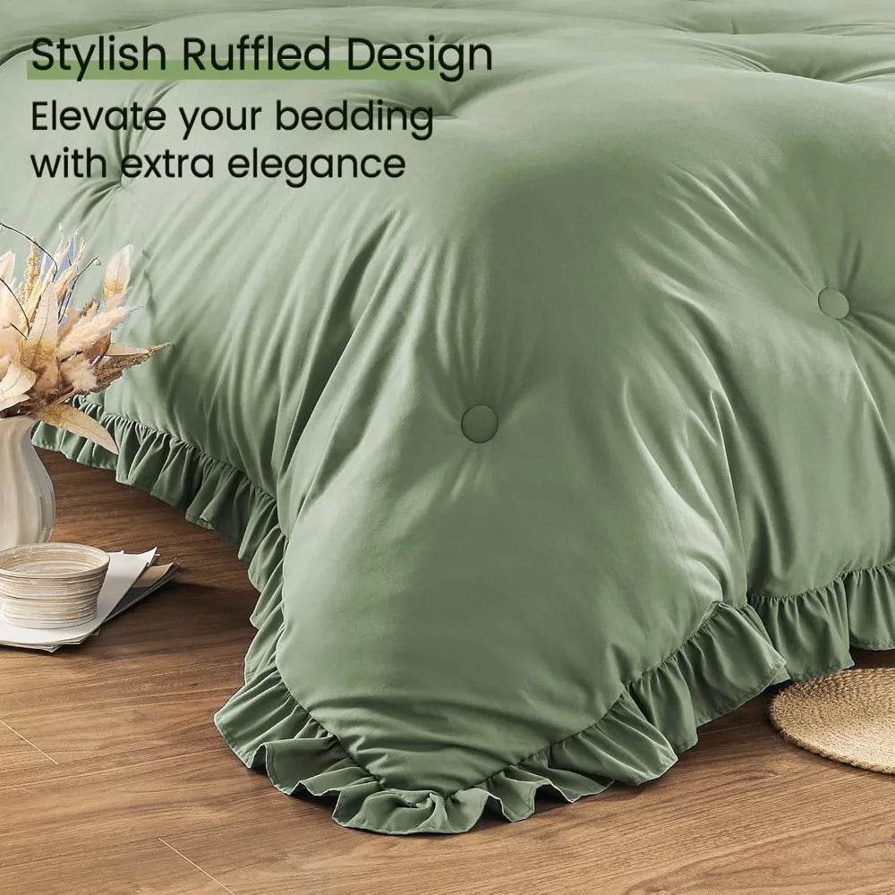 Bedding Set, 7 Pieces King Comforter Set in Green Ruffle, Shabby Chic Bed in A Bag with Premium Brushed Microfiber, Bedding - Sleep Galleria - Sleep Galleria