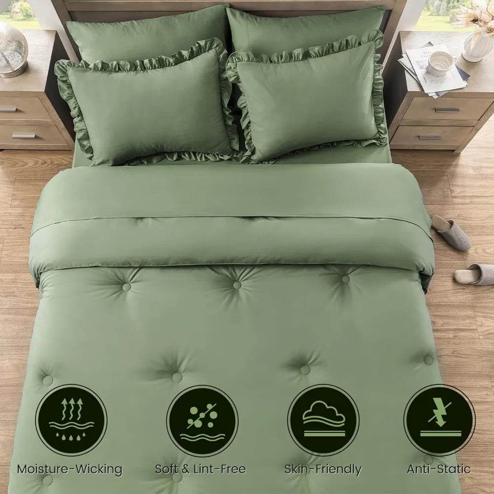 Bedding Set, 7 Pieces King Comforter Set in Green Ruffle, Shabby Chic Bed in A Bag with Premium Brushed Microfiber, Bedding - Sleep Galleria - Sleep Galleria