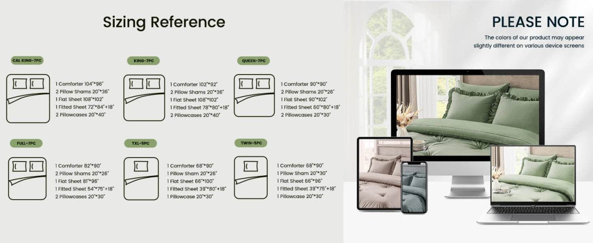 Bedding Set, 7 Pieces King Comforter Set in Green Ruffle, Shabby Chic Bed in A Bag with Premium Brushed Microfiber, Bedding - Sleep Galleria - Sleep Galleria