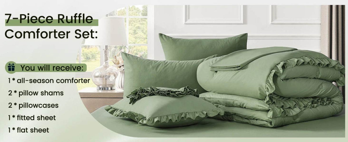 Bedding Set, 7 Pieces King Comforter Set in Green Ruffle, Shabby Chic Bed in A Bag with Premium Brushed Microfiber, Bedding - Sleep Galleria - Sleep Galleria