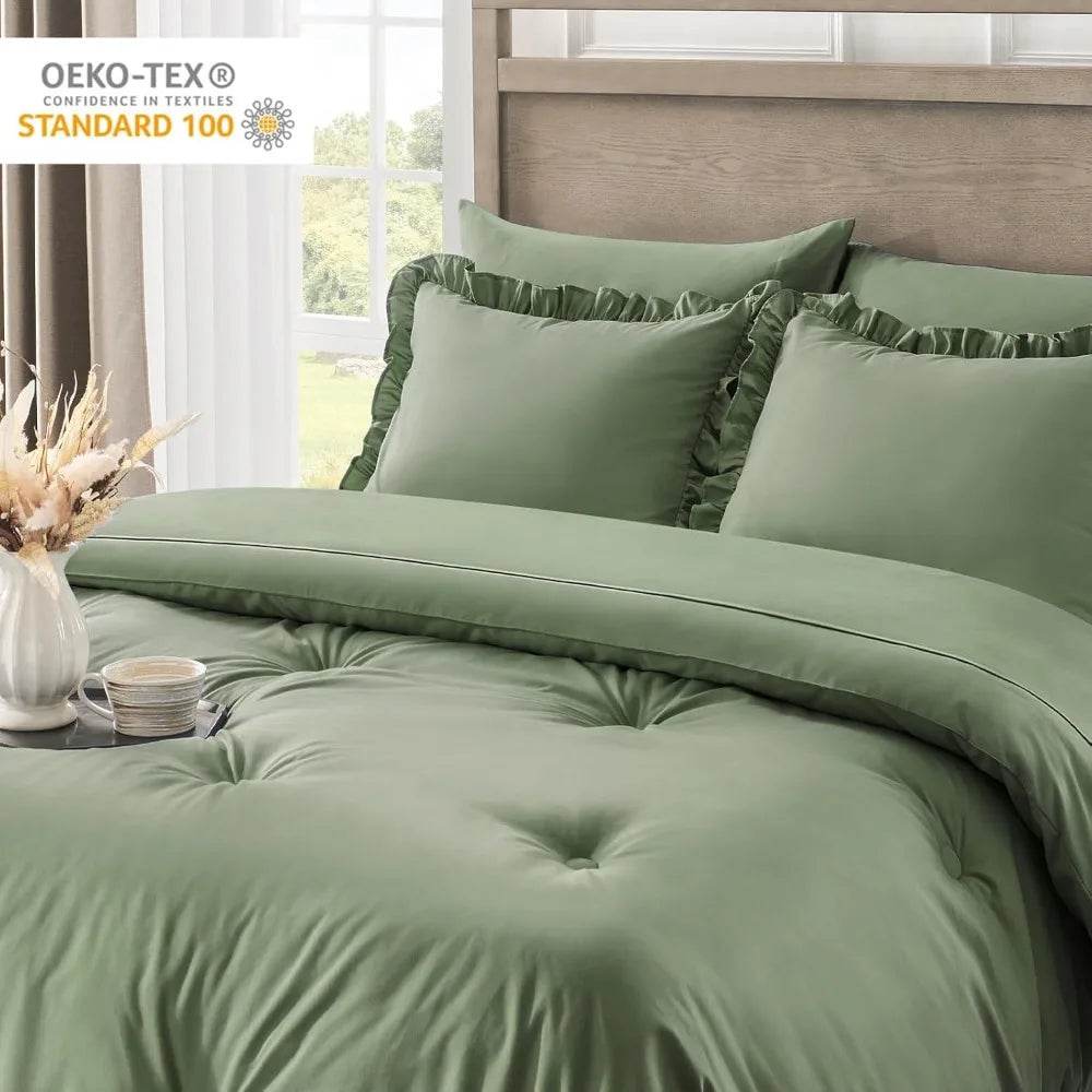 Bedding Set, 7 Pieces King Comforter Set in Green Ruffle, Shabby Chic Bed in A Bag with Premium Brushed Microfiber, Bedding - Sleep Galleria - Sleep Galleria
