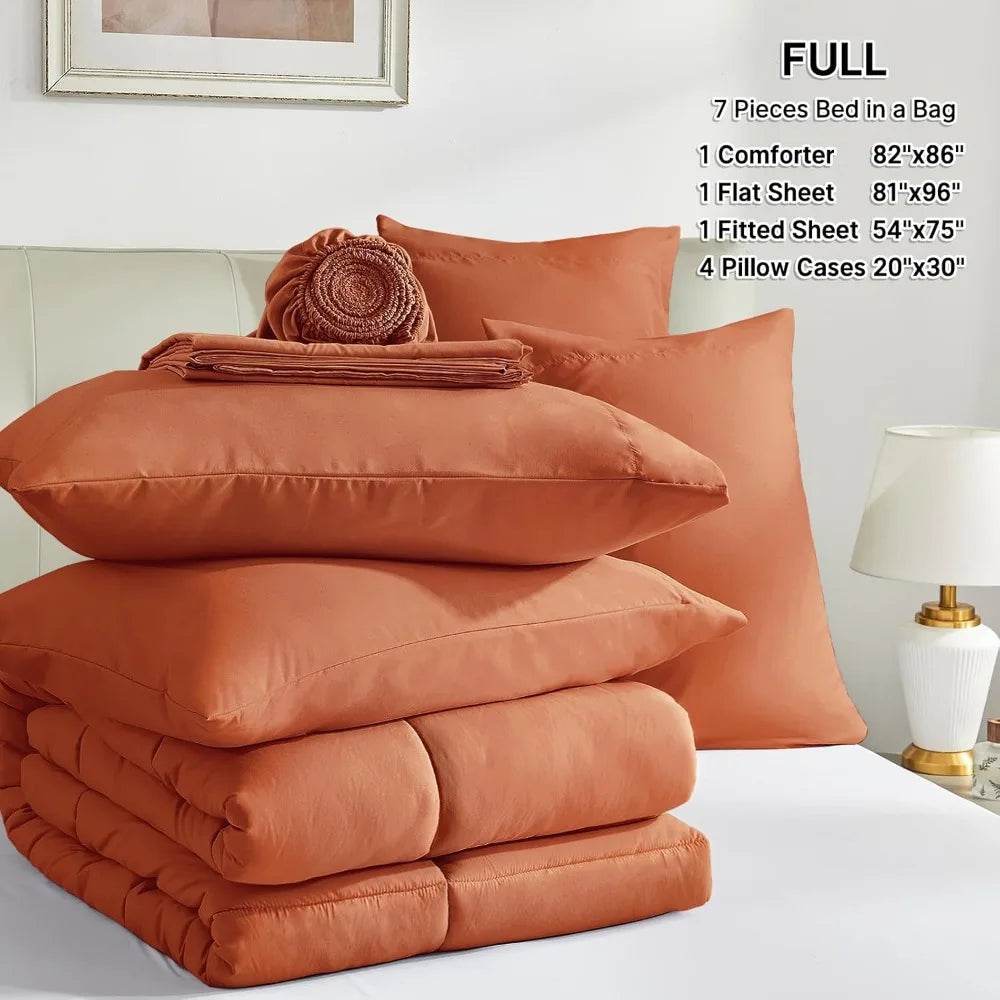 Burnt Orange Full Size Comforter Sets - 7 Pieces Bed in a Bag, Lightweight Goose Down Alternative Bedding Sets with All Season - Sleep Galleria - Sleep Galleria