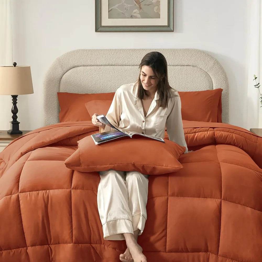 Burnt Orange Full Size Comforter Sets - 7 Pieces Bed in a Bag, Lightweight Goose Down Alternative Bedding Sets with All Season - Sleep Galleria - Sleep Galleria