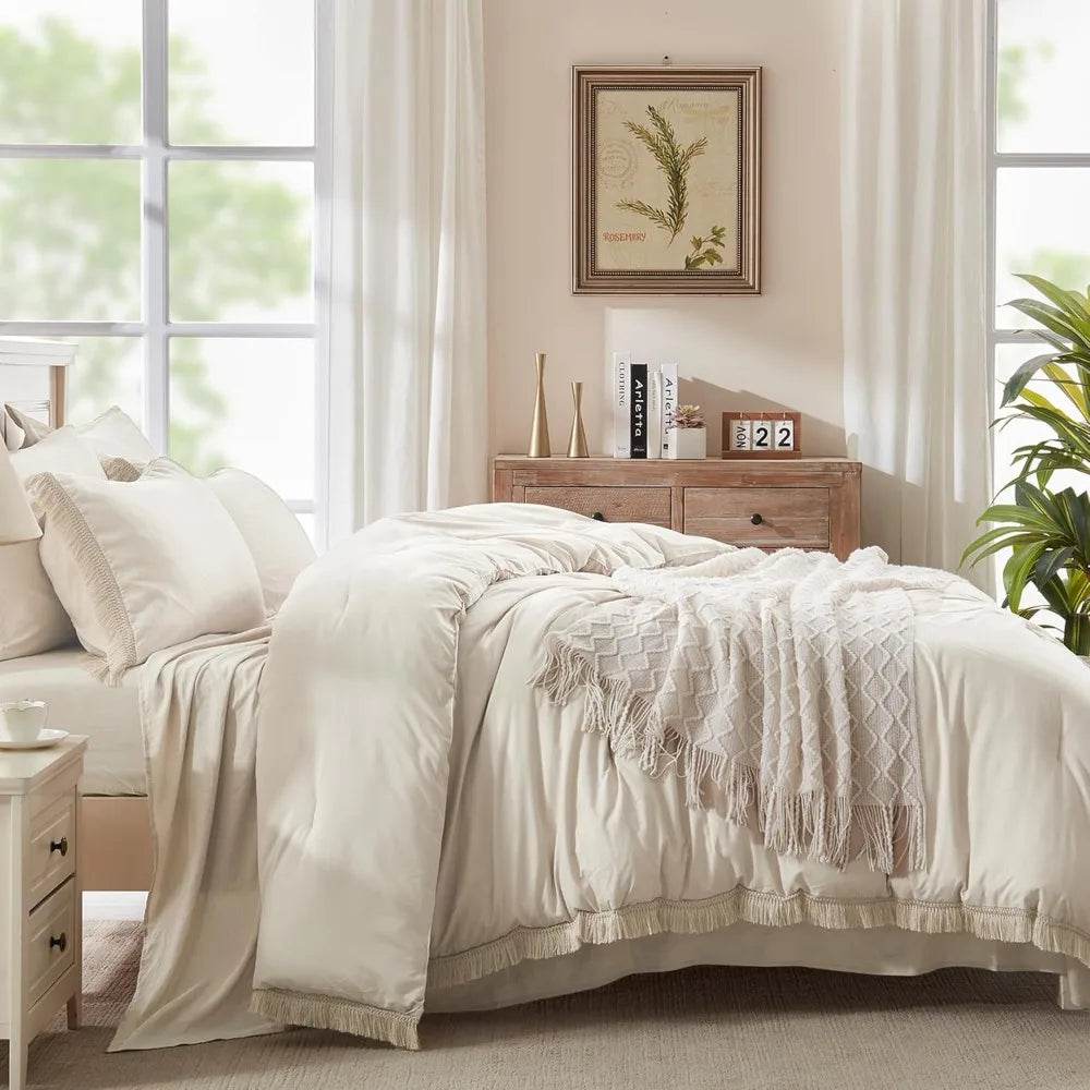 Comforter Set King Size, with Sheets 7 Pieces Boho Tassel Bed in a Bag Soft Lightweight Bedding Sets, All Season Fringe Bed Set - Sleep Galleria - Sleep Galleria