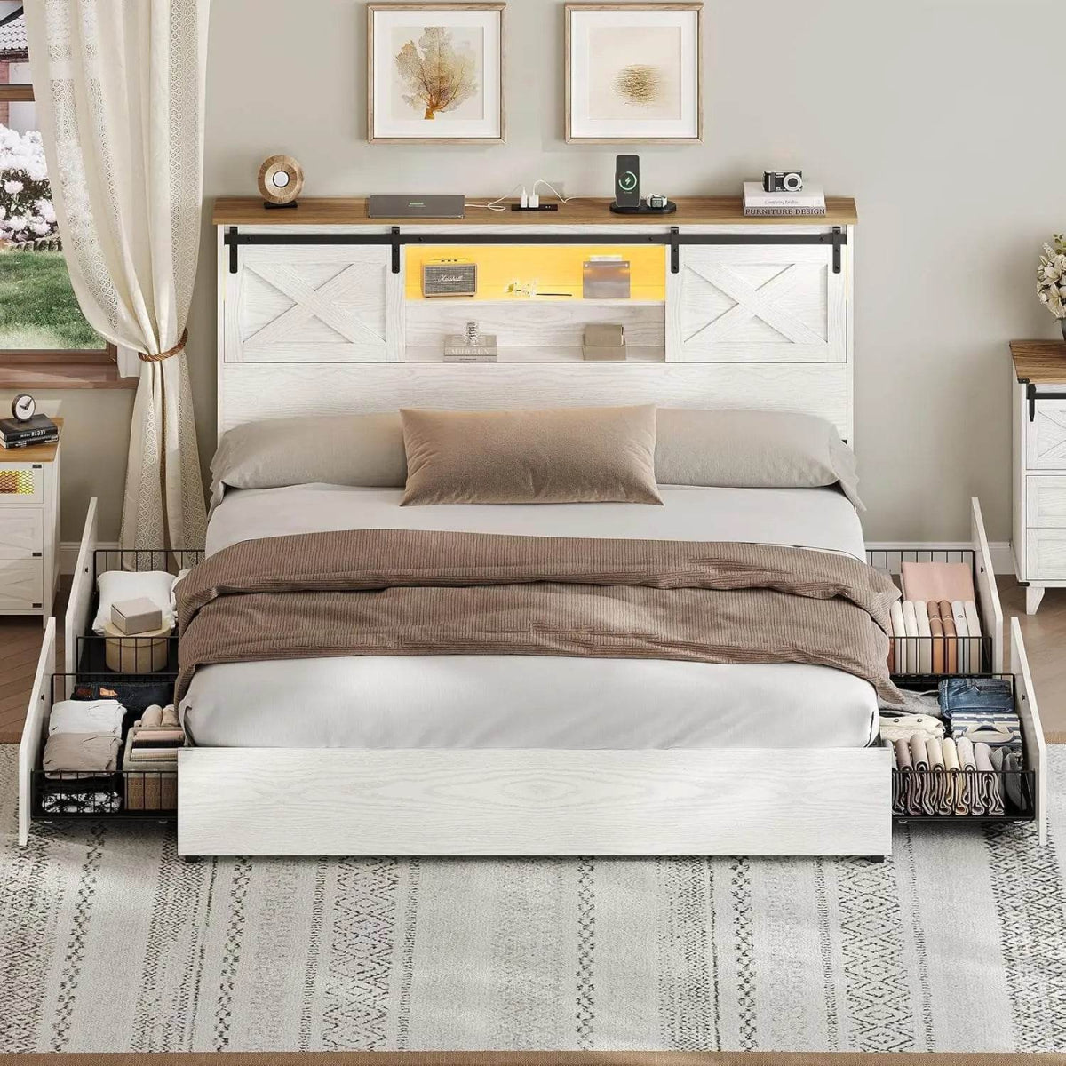 Farmhouse Bed Frame California King Size with 4 Storage Drawers, Wooden Platform Cal King Beds with Charging Station and LED - Sleep Galleria - Sleep Galleria