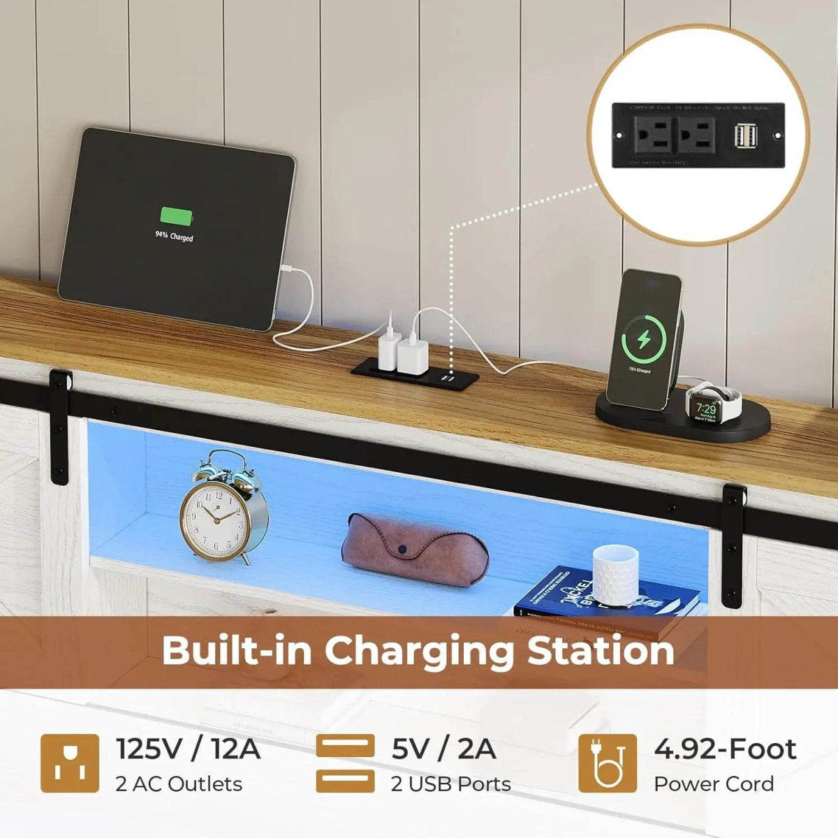 Farmhouse Bed Frame California King Size with 4 Storage Drawers, Wooden Platform Cal King Beds with Charging Station and LED - Sleep Galleria - Sleep Galleria