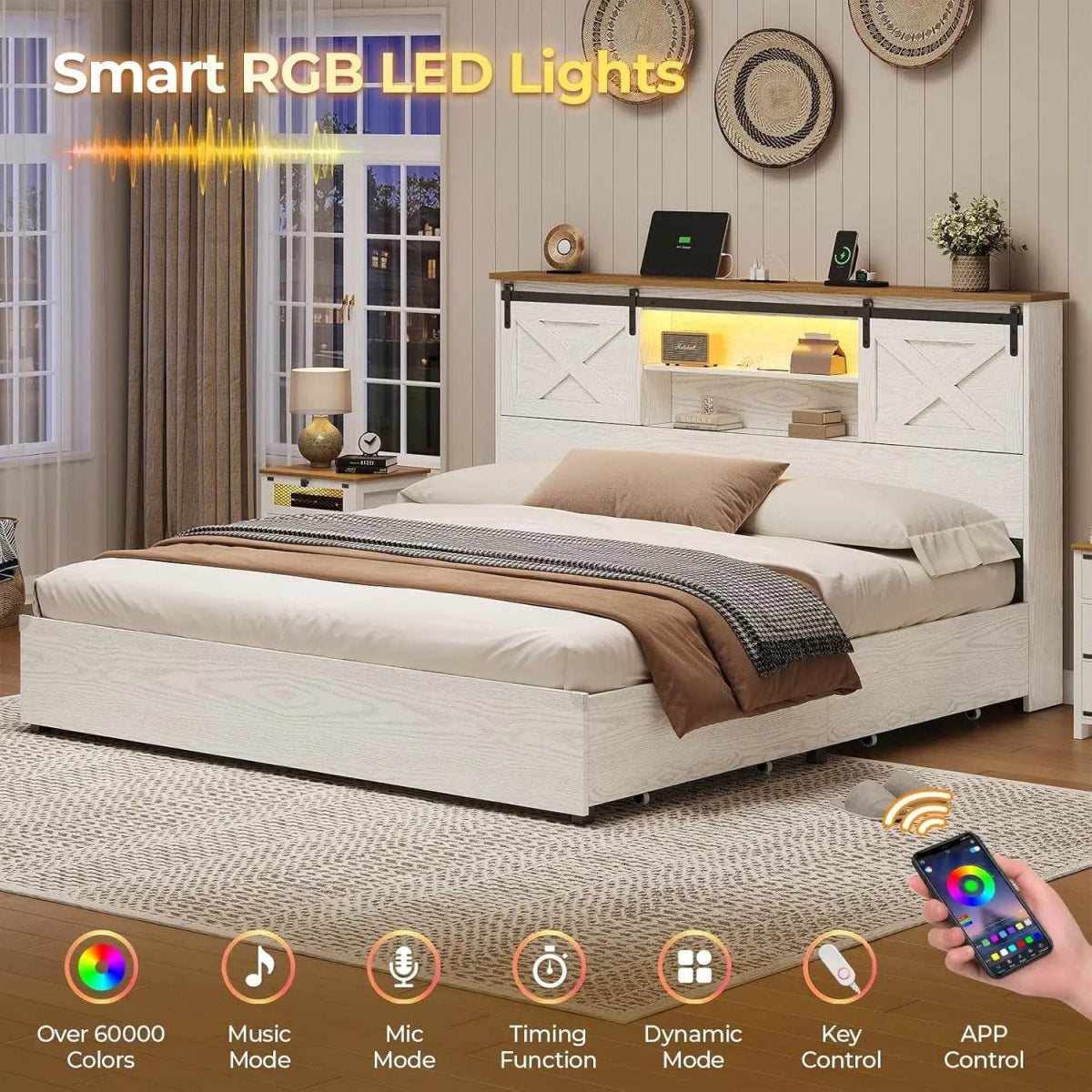 Farmhouse Bed Frame California King Size with 4 Storage Drawers, Wooden Platform Cal King Beds with Charging Station and LED - Sleep Galleria - Sleep Galleria