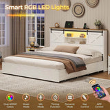 Farmhouse Bed Frame California King Size with 4 Storage Drawers, Wooden Platform Cal King Beds with Charging Station and LED - Sleep Galleria - Sleep Galleria